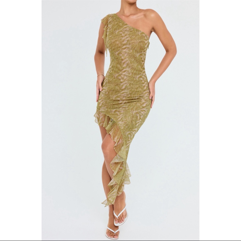 Mistress Rocks Asymmetrical Ruffle Olive Midi Dress - Picture 4 of 9